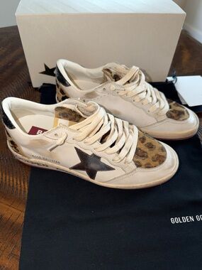Golden Goose White and Leopard Low-Top Sneakers with Black Star